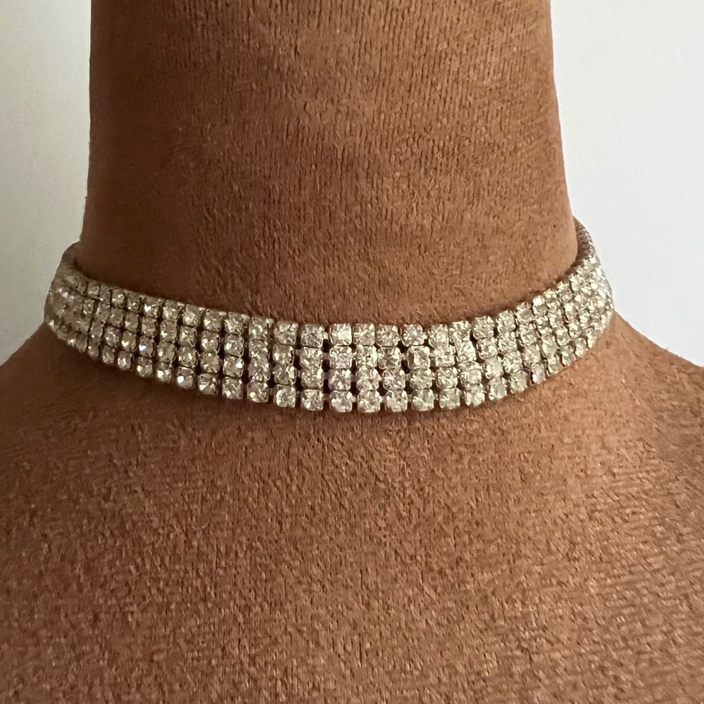 Vintage Silver Rhinestone 4 Row Choker Necklace 12-15" Adjustable Glamcore